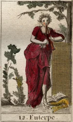 Representation av Euterpe, musikmusa, omgiven av notböcker och spelar dubbelflöjt (aulos) (Euterpe, musikmusa, föreställande att hålla en dubbelflöjt (aulos)). Från "Mythology of Youth" av Pierre Blanchard 1803.