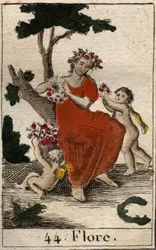 Representation av Flora (Flora), gudinna av blommor. (Flora, blommors gudinna och vårens årstid) Ur "Mythologie de la jeunesse" av Pierre Blanchard 1803.