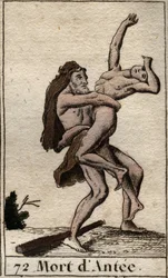 Representation av Hercules Terrassant Ante, kung av Libyen (Heracles (Hercules) dödar Antaeus med en björnkram) Från "Mythology of Youth" av Pierre Blanchard 1803.