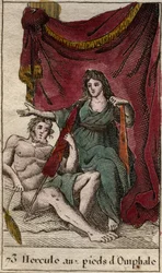 Representation av Hercules, älskare av Omphale, sträcker ut en ses pieds, med en cenouille (Heracles (Hercules) liggande vid foten av Omphale som han är kär i, med en distaff) Från "Mythologie de la jeunesse "" av Pierre Blanchard 1803.