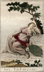 Representation av Laziness, dotter till Natten och Sömnen som en ung man med en sköldpadda. Från "Mythology of Youth" av Pierre Blanchard 1803.