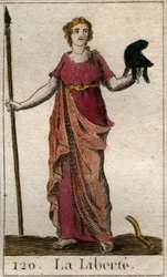 Representation av Liberte som en kvinna som håller en frygisk hatt och en spade. (Friheten som ung kvinna, med en frygisk hatt och en gädda). Från "Mythology of Youth" av Pierre Blanchard 1803.