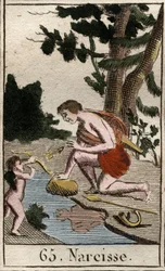 Representation av Narcisse, en ung man förälskad i sig själv, han tittar ständigt på sin reflektion. (Representation av Narcissus, ung man förälskad i sig själv, han beundrar hans reflexion ständigt). Från "Mythology of Youth" av Pierre Blanchard 1803.