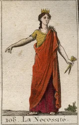 Representation of Necessity, som en orubblig kvinna, dotter till Fortune, med bronshänder. Från "Mythology of Youth" av Pierre Blanchard 1803.