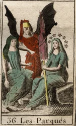 Representation av Parques (Skåp), Clotho, Lachesis och Atropos, gudar av mänskligt öde, från födsel till död, som mycket gamla kvinnor som snurrar. (Parcae, Clotho, Lachesis och Atropos, personifiering av mänskligt öde, representerat som gamla kvinnor som 