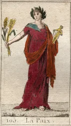 Representation of Peace, som en kvinna krönt med lagrar, som håller en kärve. Från "Mythology of Youth" av Pierre Blanchard 1803.