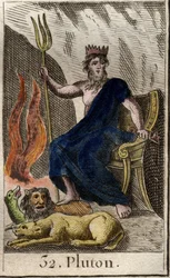 Framställning av Pluto, underjordens gud, med Kerberos, den trehövdade hunden och underjordens väktare, vid hans fötter. (Pluto, helvetets gud med Kerberos, den trehövdade hunden). Ur ”Ungdomens mytologi” av Pierre Blanchard, 1803.