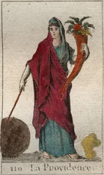 Representation av Providence, som en gammal kvinna, med ett ymnighetshorn, en pinne och en jordglob. Från "Mythology of Youth" av Pierre Blanchard 1803.