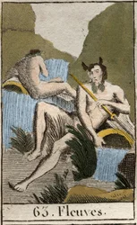 Representation av Rivers, gubbar med vått skägg och hår, de sitter nära vält urna (Representation of Strams, behornade gubbar med vått skägg och hår och de sitter nära vältad urna). Från "Mythology of Youth" av Pierre Blanchard 1803.