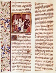 Avbildning av Sankt Bernhard av Clairvaux (San Bernardo di Chiaravalle) (1090-1153) barn. Han är i mitten av bilden, med en aureole över huvudet. Miniatyr i "Le miroir historial" (Speculum Historiale) (ms. 1196, fol. 372) av Vincent de Beauva