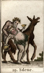 Skildring av Silenos, Bacchus följeslagare, berusad, stödd av en satyr. (Bacchus vän Silenos, berusad, stödd av en ung satyr). Ur ”Ungdomens mytologi” av Pierre Blanchard, 1803.