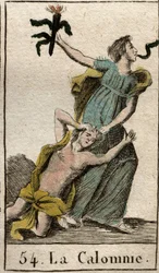 Representation av förtal, går medan hon drar sin mamma Avunden i håret, en orm kommer ut ur hennes mun. (Representation av Calumny, Envy dotter som hon drar upp i håret, en orm kommer ut genom hennes mun) från "Mythologie de la jeunesse" av P