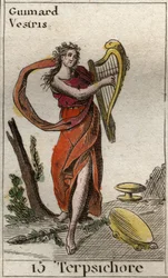 Representation of Terpsichore, muse of dance, hon spelar lyra (Representation of Terpsichore, Muse of dance, holding a lyra). Från "Mythology of Youth" av Pierre Blanchard 1803.
