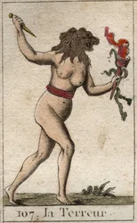 Representation av terror, som en kvinna med ett lejonhuvud, som håller en kniv och ormar. Från "Mythology of Youth" av Pierre Blanchard 1803.