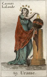Framställning av Urania, astronomins och astrologins musa, hon håller en glob och en passare. Ur «Ungdomens mytologi» av Pierre Blanchard, 1803.