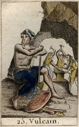 Representation av Vulcan, eldens gud, smedjan och vulkanerna. (Vulcan, eldens och vulkanernas gud). Från "Mythology of Youth" av Pierre Blanchard 1803.