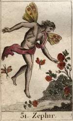 Framställning av Zephyr, västanvindens personifikation. (Zephyros eller Zephyr, västanvindens personifikation). Ur «Ungdomens mytologi» av Pierre Blanchard, 1803