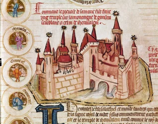 Föreställning av en befäst stad som liknar Jerusalem Sidan är hämtad från manuskriptet "Genealogie de la Bible" från den franska skolan. 1300-talet Cremone, biblioteca governativa