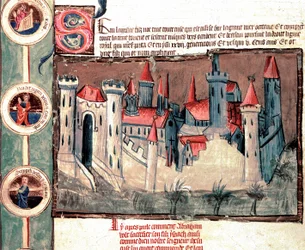 Representation av en befäst stad i Strasbourg-regionen. Miniatyr på pergamentsrulle "" Genealogy of the Bible"" (ms.199) Cremone från 1300-talet, Biblioteca Governativa