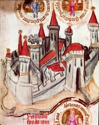 Föreställning av en befäst stad i Strasbourg-regionen. Miniatyr på pergamentrulle "Bibelns släktforskning" (ms.199) 1300-talet Cremone, Biblioteca Governativa
