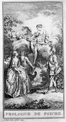Representation av en scen i stycket "" Prologue de Psyche"" av Jean Baptiste Poquelin dit Moliere (1622-1673). Gravyr från 1740.