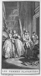 Representation av en scen i pjäsen "" Les femmes savantes"" (1672) av Jean Baptiste Poquelin dit Moliere (1622-1673). Gravyr från 1740.