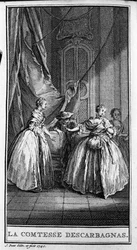 Representation av en scen i pjäsen "" Grevinnan av Escarbagnas"" (1671) av Jean Baptiste Poquelin dit Moliere (1622-1673). Gravyr från 1740.