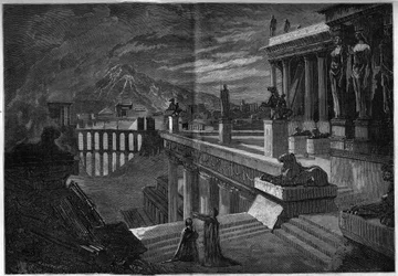 Representation av en opera: "" Herculanum"" på ett libretto av Joseph Mery (1798-1866) och T. Hadot och en musik av Felicien David (1808-1876). Staden Herculanum vid tidpunkten för dess förstörelse under utbrottet av Vesuven (sista scenen i akt V). Thea