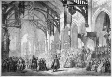 Representation av en opera: Landgrave Palace i Wartburg. Scenografi av akt II av "Tannhauser" av Richard Wagner (1813-1883). Opera de Paris