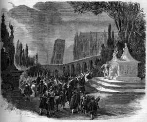 Representation av en opera: Scenografi av akt III av "Pierre de Medicis"" baserad på ett libretto av Henry de Saint George