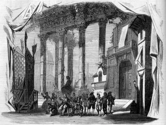 Representation av en opera: Scenografi av akt I av "Salvador Rosa" efter ett libretto av Henry Trianon (1811-1896) och Eugene Grange (1810-1887), och en musik av Jules Laurent Duprato (1827-1892). Paris, Opera Comique