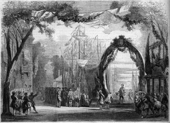 Representation av en opera: Scenografi av den första akten av "Le Chateau Trompette", baserad på ett libretto av Eugene Cormon (1811-1903) och Michel Carre (1822-1872), och en musik av Francois Auguste Gevaert (1828-1908) ). Paris, Opera Comique