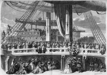 Representation av en opera: dekor av 3:e akten av "The African", baserad på ett libretto av Eugene Scribe (1791-1861) och en musik av Giacomo Meyerbeer (1791-1864). Avsnitt av Angelus sjunger på skeppet. 1865. Gravyr i "" Le Monde Illustré"" nr 420 av 2