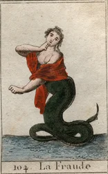 Representation av fusk (oärlighet), som en farlig orm med ett leende kvinnahuvud). Från "Mythology of Youth" av Pierre Blanchard 1803.