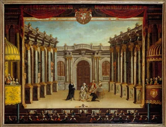 Representation av "" Imaginary Malad" av Jean Baptiste Poquelin dit Moliere (1622-1673) på Menorca Theatre, Spanien; utsikt över scenen. Anonym målning
