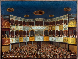 Representation av "" Imaginary Malad" av Jean Baptiste Poquelin dit Moliere (1622-1673) på Menorca Theatre i Spanien; utsikt över salen och publiken. Målning från 1700-talet. Paris, Dekorativ konst