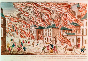 Återgivning av den fruktansvärda branden i New York 1776 (gravyr i kolorit)