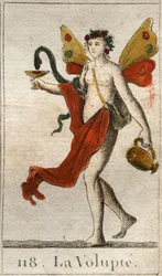 Representation av Volupte, naken kvinna krönt med rosor, hon håller en kopp eller en orm drar en läcker likör. (The Voluptuousness (njutning), som en naken kvinna, krönt med rosor, håller hon en kopp där en orm dricker en läcker nektar). Från "Mythol