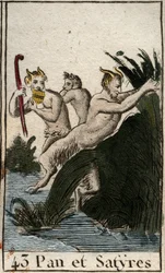 Representation av landsguden Pan och satyrer. Han har håriga lår, getfötter och spelar flöjt (Syrinx) har flera pipor. (Bondguden Pan, representerad med satyrer, han har lurviga ben och getfötter, han spelar syrinx eller panflöjt) Ur “Mythologie de