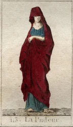 Representation av Modestys gudom, en ung kvinna med ett ansikte täckt med en slöja. (Representation av Prudishness, som en kvinna med beslöjat ansikte). Från "Mythology of Youth" av Pierre Blanchard 1803.