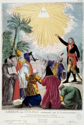 Framställning av religionsfriheten för alla religioner, upprätthållen av Napoleon Bonaparte (1769-1821): förstekonsuln pekar på treenighetens triangel som symboliserar Gud, åtföljd av företrädarna för varje religion: katolsk biskop, en jude, en kväkare