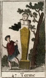 Representation av guden Terme, i form av en terminal, för att markera ägodelar och landområden. (Representation av guds terminus, som en stenterminal av land och ägodelar). Från "Mythology of Youth" av Pierre Blanchard 1803.