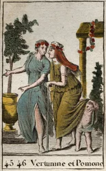 Representation av höstens gud Vertumne och Pomonef, nymf av frukt och trädgårdsskötsel. Vertumne ser ut som en gammal kvinna för att förföra Pomone. (representation av Vertumnus, höstens gud, med Pomona, frukternas och trädgårdarnas gudinna, Vertumnus spår