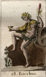 Representation av guden för vin och skörd Bacchus, med en kopp i handen. (Vinets Gud och druvskörden Bacchus med en kopp vin). Från "Mythology of Youth" av Pierre Blanchard 1803.