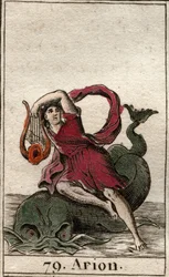 Representation av den legendariske grekiske poeten Arion de Methymne, charmör av delfiner av hans cithare (Representation av Arion, grekisk poet som charmar delfinerna genom att spela kithara). Från "Mythology of Youth" av Pierre Blanchard 1803.