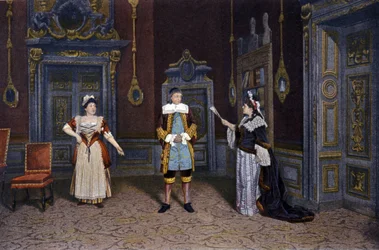 Representation av stycket "Les femmes savantes" av Jean Baptiste Poquelin dit Moliere (1622-1673) vid Comedie francaise ca 1885-1890. Från vänster till höger: Ms Rachel Boyer, Mr Leloir, Ms Blanche Pierson