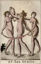 Representation av de tre gracerna: Aglae, Thalie och Euphrosyne, dotter till Venus och Bacchus (The Three Graces (eller Charites) döttrar till Venus och Bacchus. Från "Mythology of Youth" av Pierre Blanchard 1803.