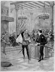 Teaterföreställning: scen i fjärde akten av ""Henri III och hans hov"" av Alexandre Dumas (1802-1870) på Comedie Francaise i Paris
