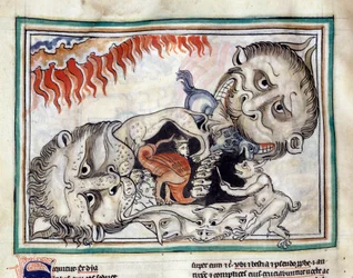 Representationer av underjordens varelser som slår den jävla miniatyren tagen från "The Apocalypse of Cambrai"" upplyst av den franska skolan på 1200-talet. Ms 422. Kommunalbibliotek, Cambrai