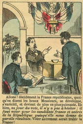Det republikanska Frankrike förtjänade fransmännens röst. Gravyr, i "Le Figaro, supplement", den 30/03/1889, Paris. Koll. Selva.